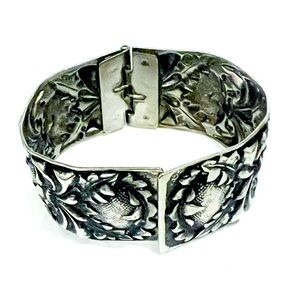 Vintage Wide Floral Repousse Clamper Bangle Bracelet